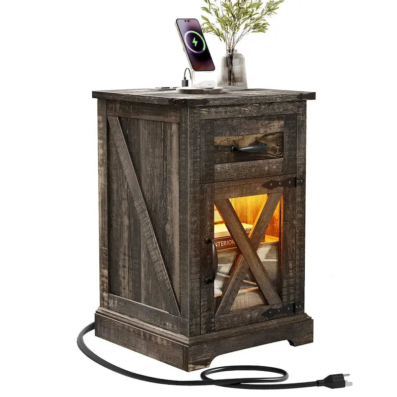 LED End Table with Shelf and Drawer, Side Table with Charging Station & Power Outlet