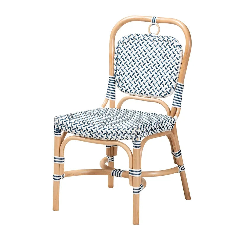 Modern French Blue & White Woven Natural Rattan Bistro Chair