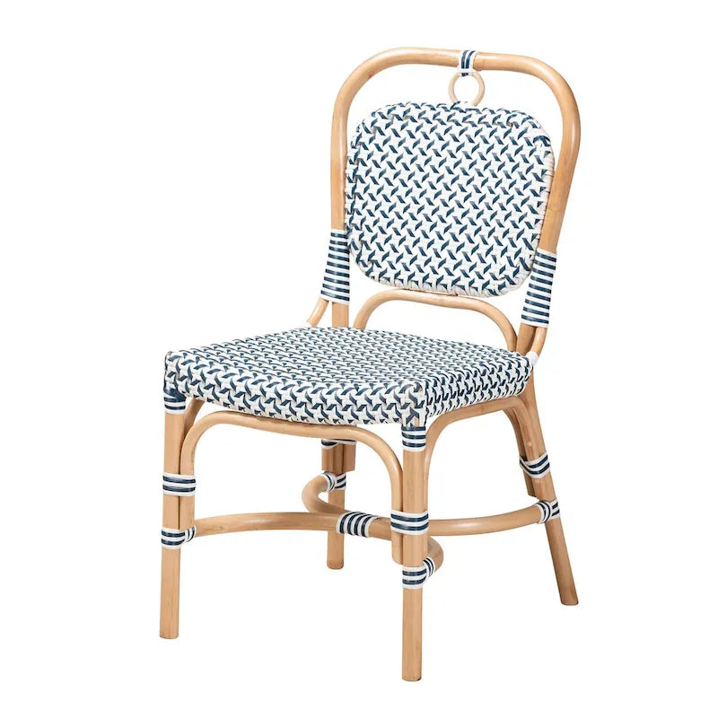 Modern French Blue & White Woven Natural Rattan Bistro Chair