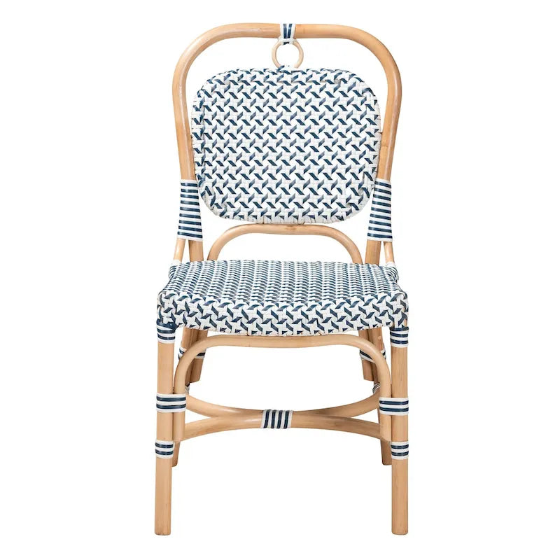 Modern French Blue & White Woven Natural Rattan Bistro Chair