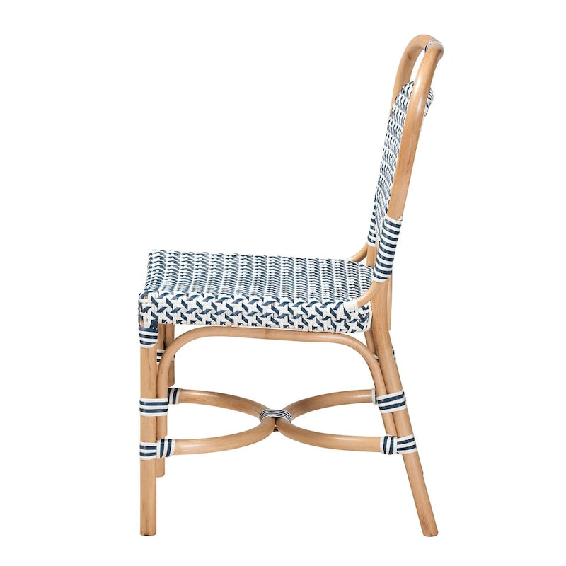 Modern French Blue & White Woven Natural Rattan Bistro Chair