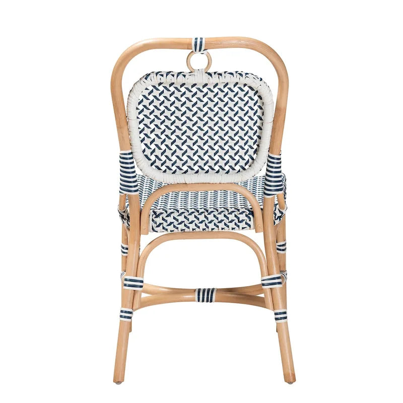 Modern French Blue & White Woven Natural Rattan Bistro Chair