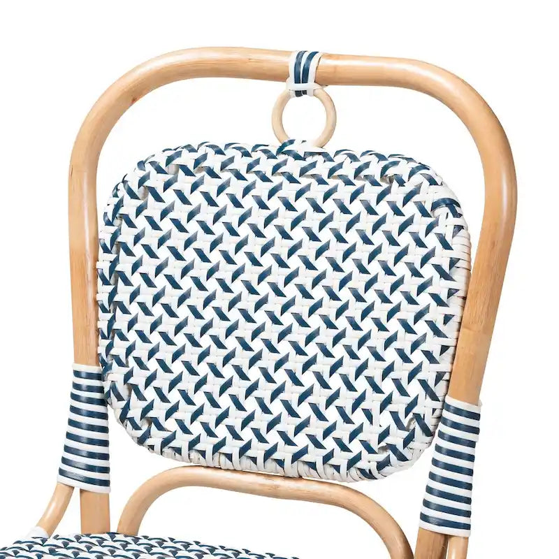 Modern French Blue & White Woven Natural Rattan Bistro Chair