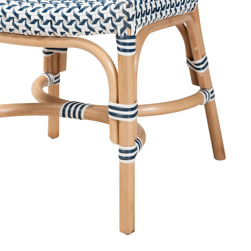 Modern French Blue & White Woven Natural Rattan Bistro Chair