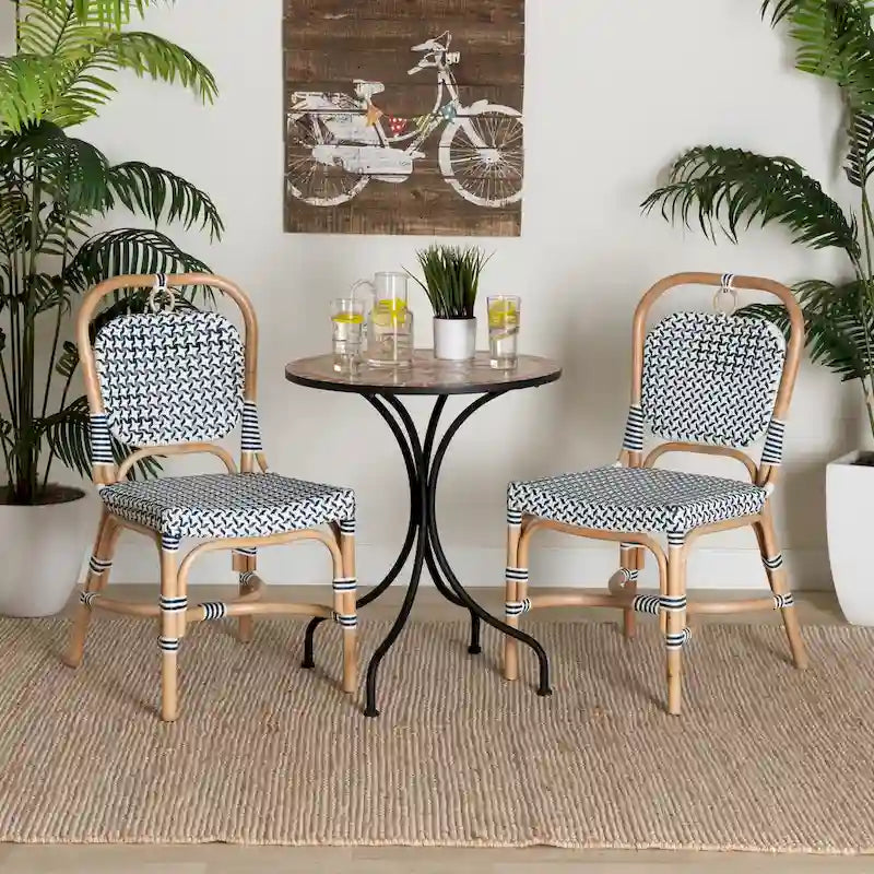 Modern French Blue & White Woven Natural Rattan Bistro Chair