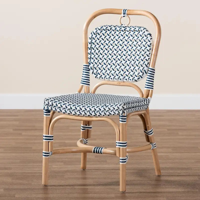Modern French Blue & White Woven Natural Rattan Bistro Chair