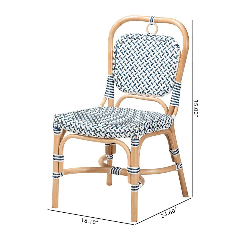 Modern French Blue & White Woven Natural Rattan Bistro Chair