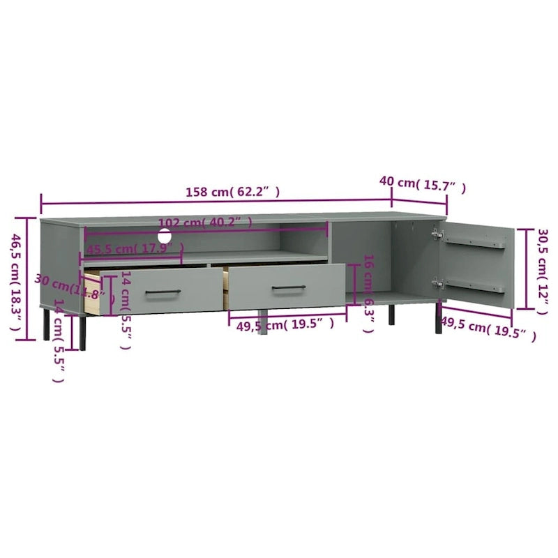 TV Stand TV Console TV Console with Metal Legs Solid Wood Pine OSLO - 62.2 x 15.7 x 18.3
