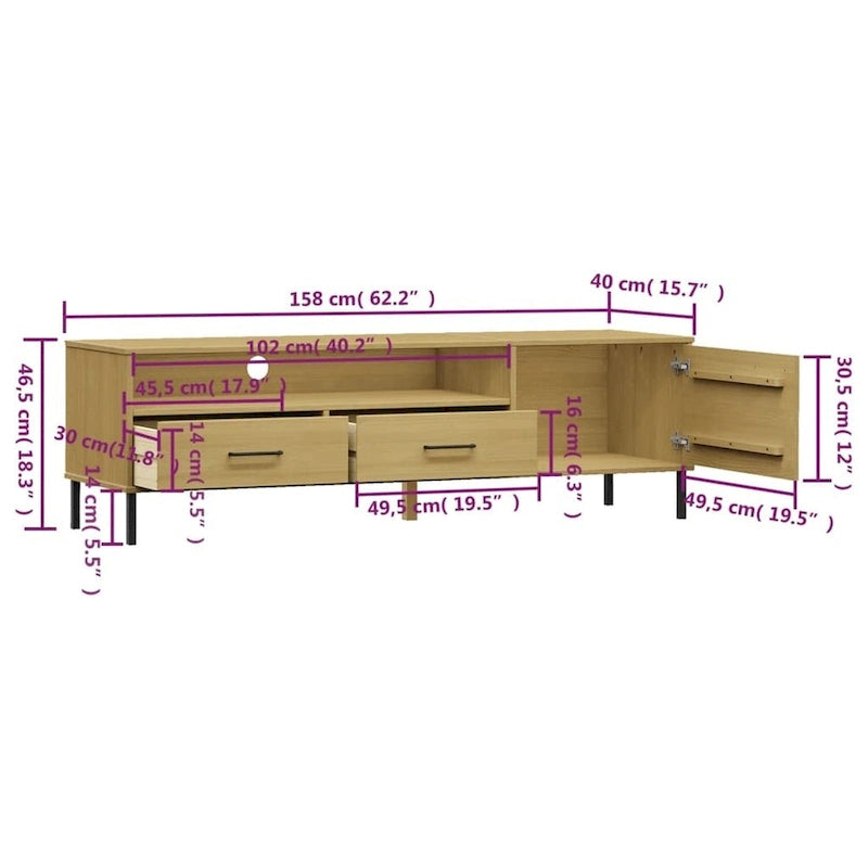 TV Stand TV Console TV Console with Metal Legs Solid Wood Pine OSLO - 62.2 x 15.7 x 18.3