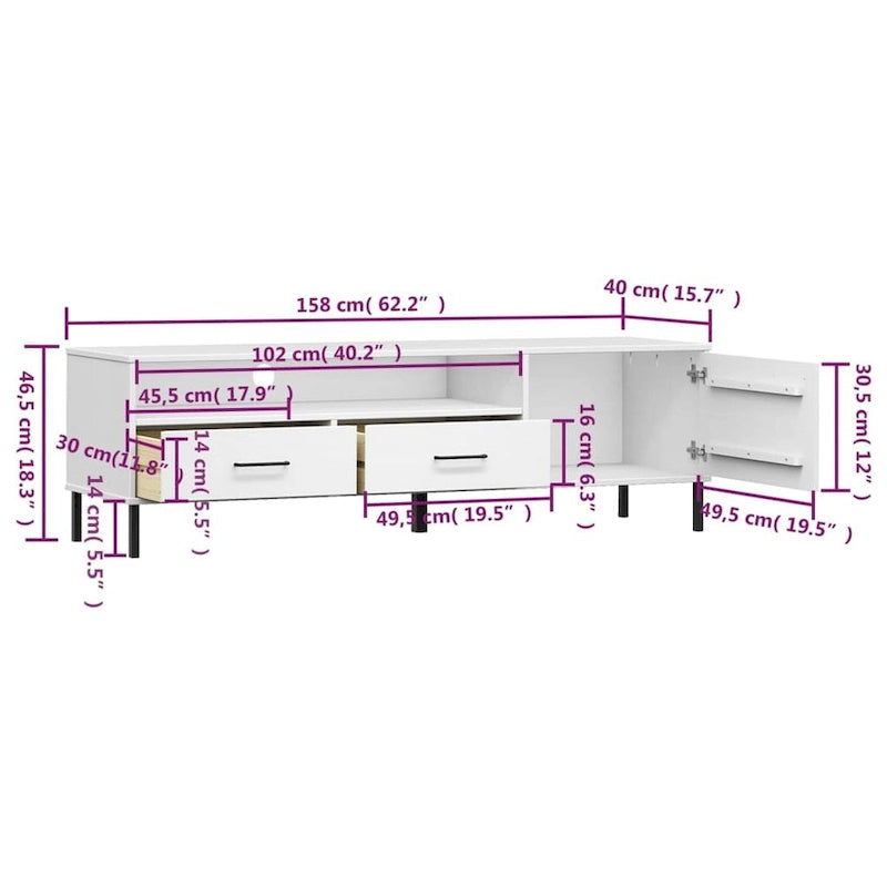 TV Stand TV Console TV Console with Metal Legs Solid Wood Pine OSLO - 62.2 x 15.7 x 18.3