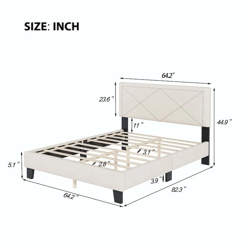 Simple Queen Size Upholstered Bed Frame with Rivet Design, Modern Velvet Platform Bed with headboard