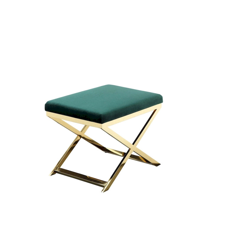 24 Inch Accent Stool Ottoman Bench, Plush Green Velvet, Gold X Base
