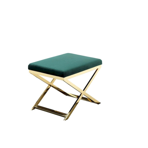 24 Inch Accent Stool Ottoman Bench, Plush Green Velvet, Gold X Base