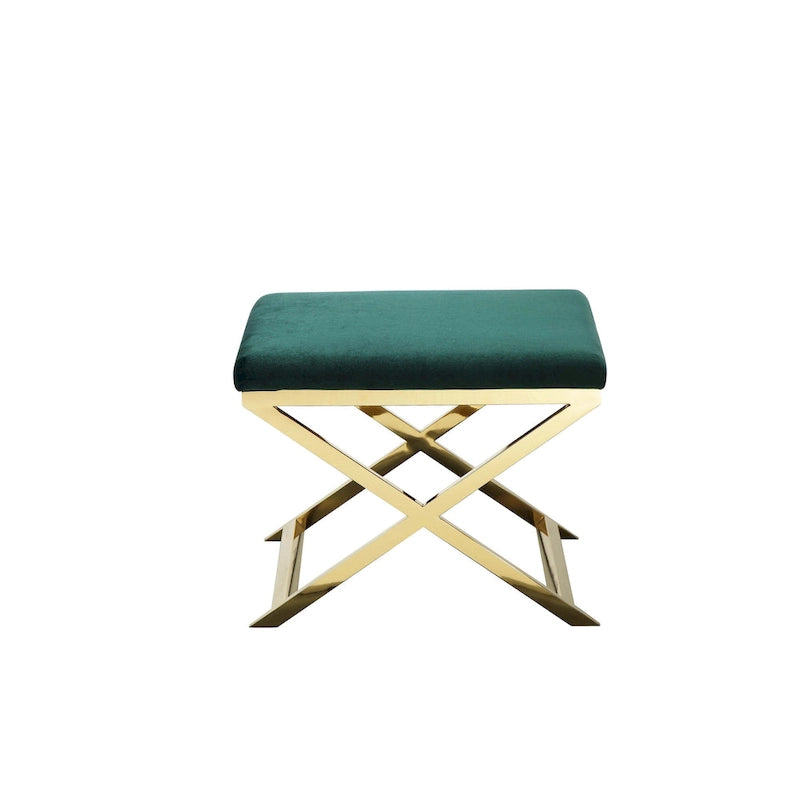 24 Inch Accent Stool Ottoman Bench, Plush Green Velvet, Gold X Base