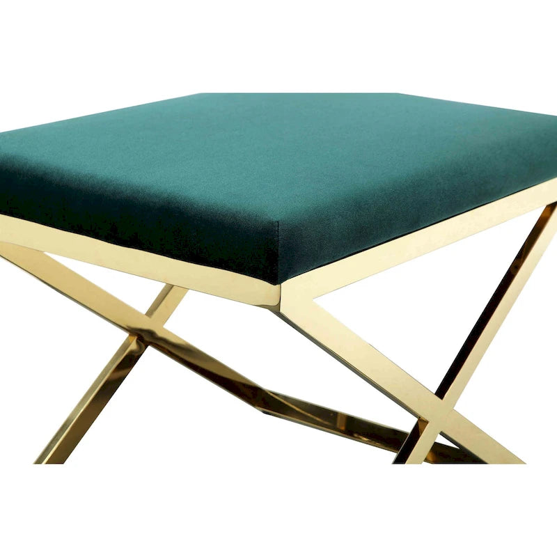 24 Inch Accent Stool Ottoman Bench, Plush Green Velvet, Gold X Base