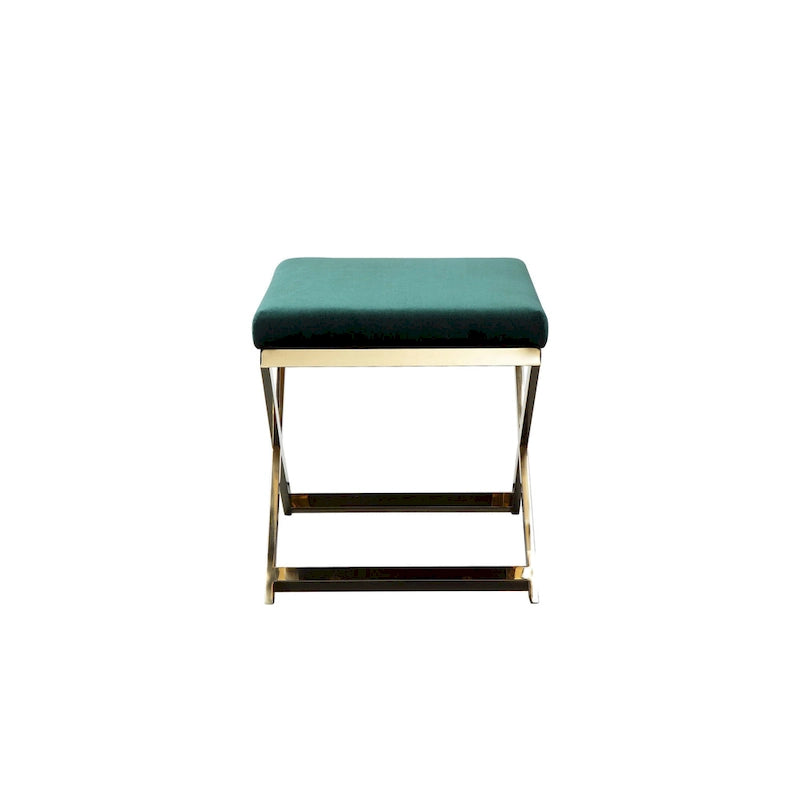 24 Inch Accent Stool Ottoman Bench, Plush Green Velvet, Gold X Base