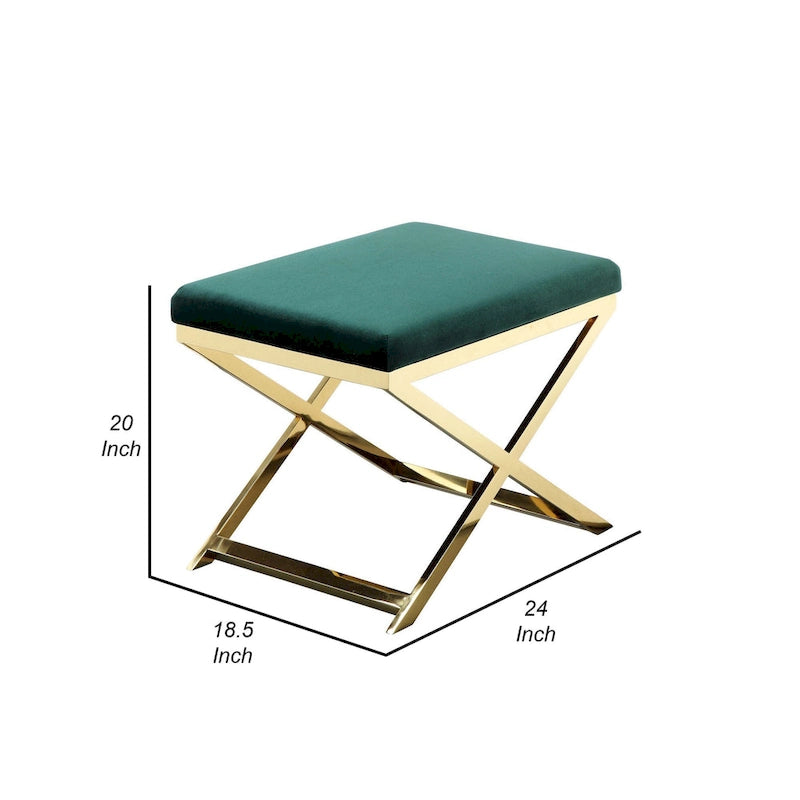 24 Inch Accent Stool Ottoman Bench, Plush Green Velvet, Gold X Base