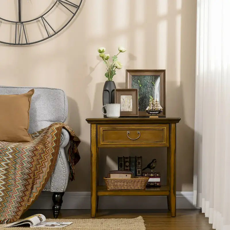 Side Table With Storage, Vintage End Table With Drawer And Open Shelf