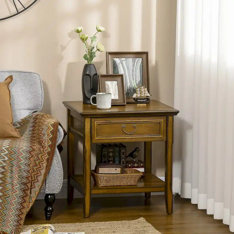 Side Table With Storage, Vintage End Table With Drawer And Open Shelf