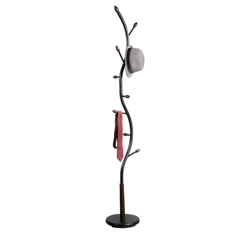 Modern Metal Black and Walnut Standing Coat Rack for Home Entryway Organization & Storage