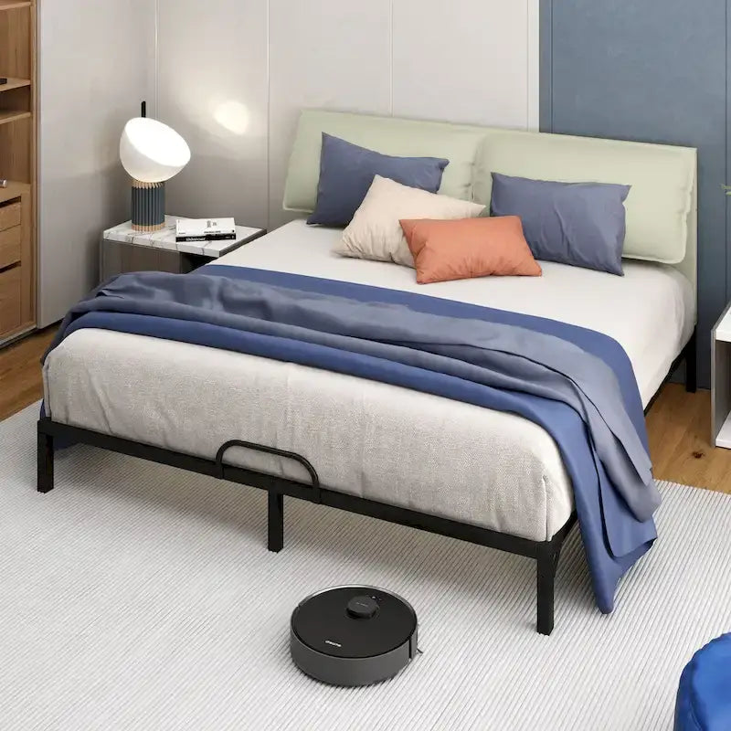 Folding Upholstered Bed Frame with Faux Leather Headboard and Two Pillows