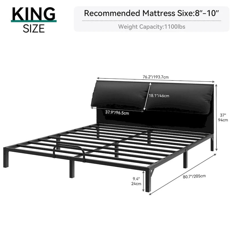 Folding Upholstered Bed Frame with Faux Leather Headboard and Two Pillows