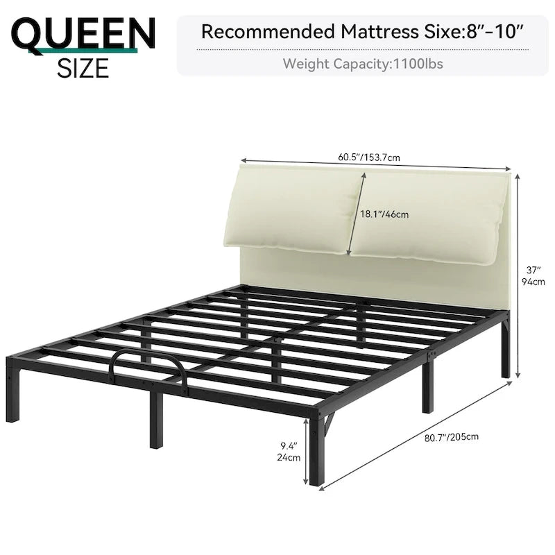 Folding Upholstered Bed Frame with Faux Leather Headboard and Two Pillows
