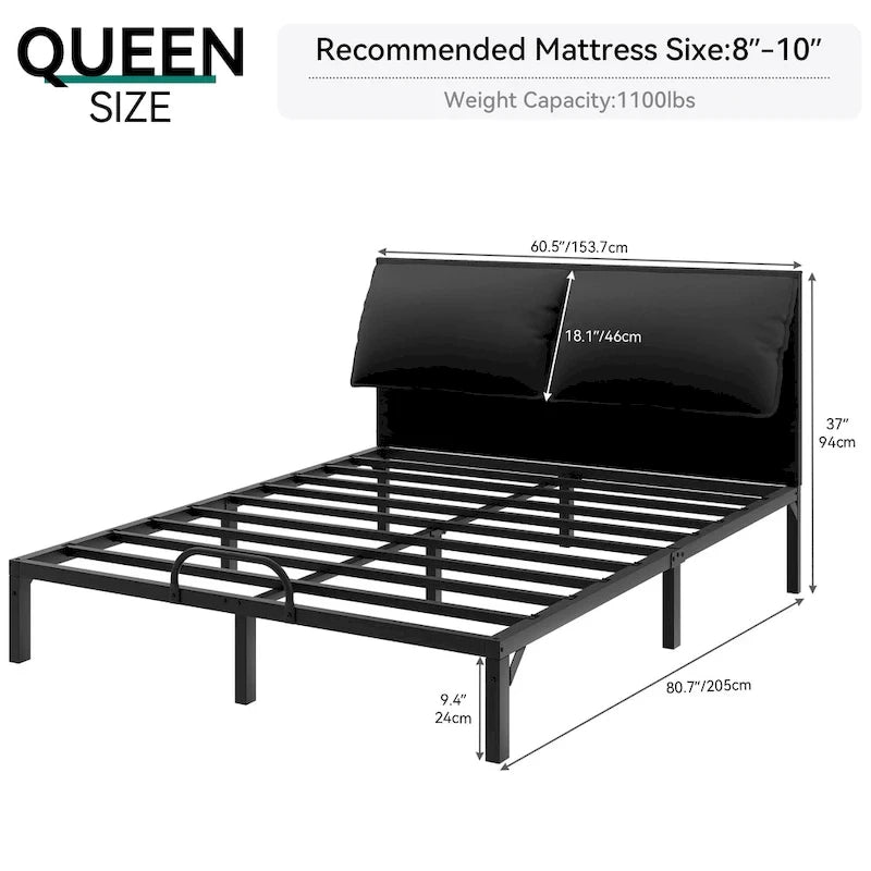 Folding Upholstered Bed Frame with Faux Leather Headboard and Two Pillows
