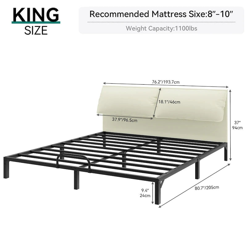 Folding Upholstered Bed Frame with Faux Leather Headboard and Two Pillows
