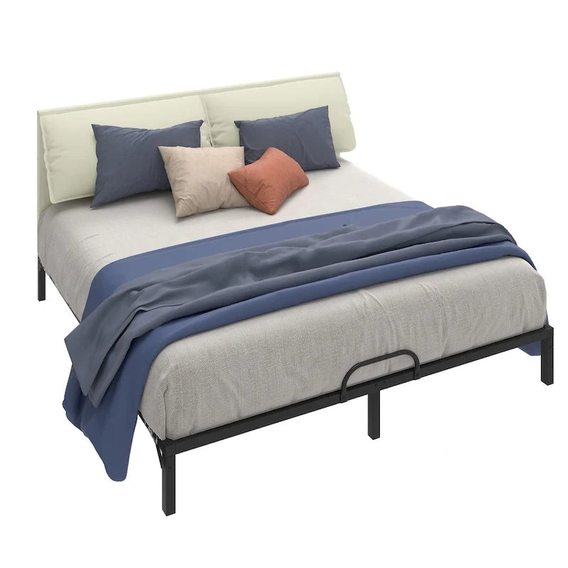 Folding Upholstered Bed Frame with Faux Leather Headboard and Two Pillows