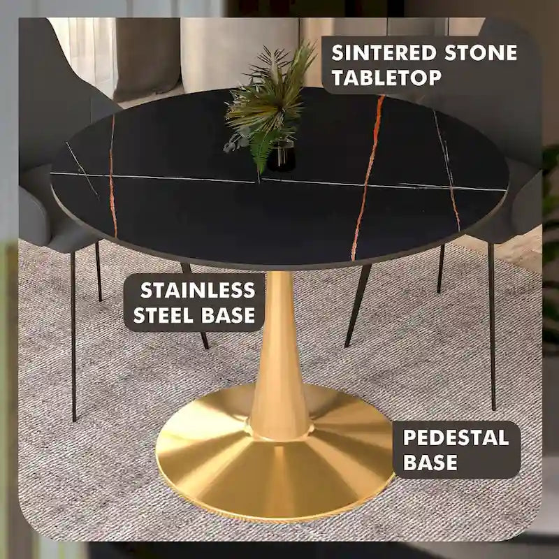Bristol 40" Round Sintered Stone Dining Table with Gold Steel Pedestal Base