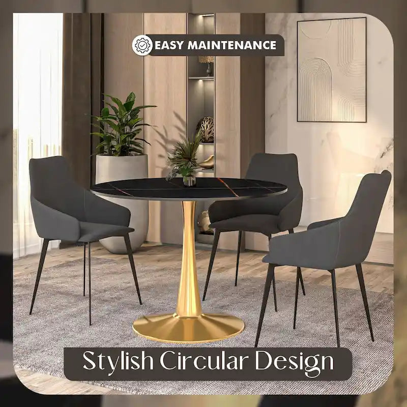 Bristol 40" Round Sintered Stone Dining Table with Gold Steel Pedestal Base