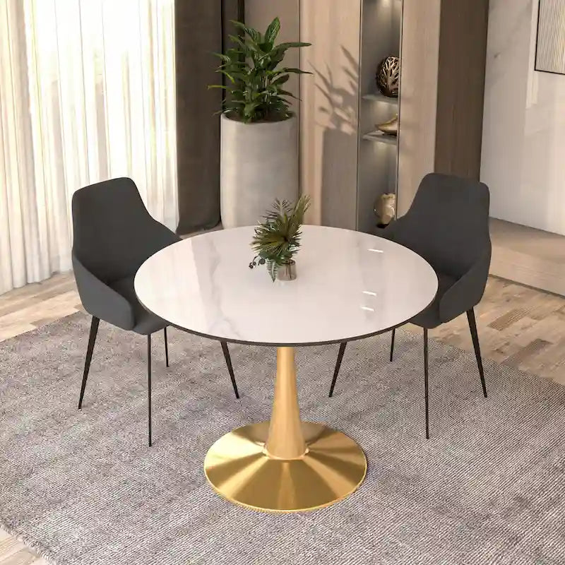 Bristol 40" Round Sintered Stone Dining Table with Gold Steel Pedestal Base