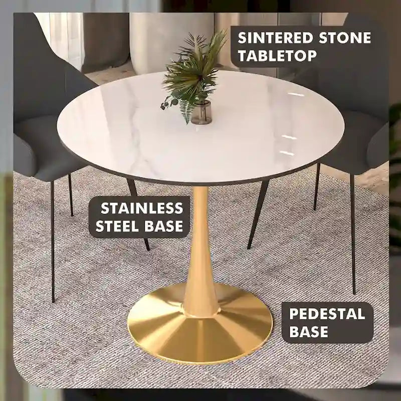 Bristol 40" Round Sintered Stone Dining Table with Gold Steel Pedestal Base