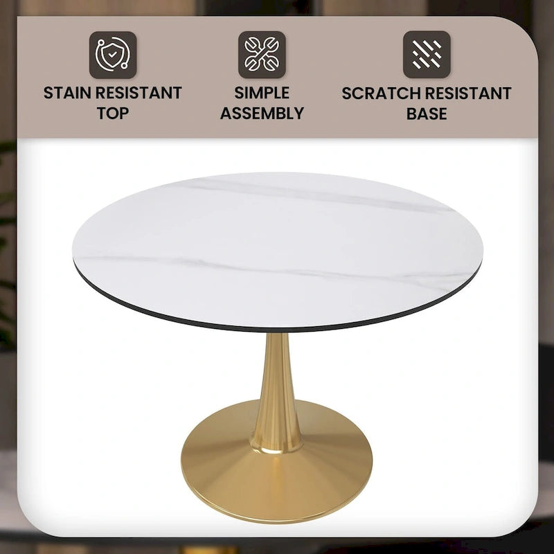Bristol 40" Round Sintered Stone Dining Table with Gold Steel Pedestal Base