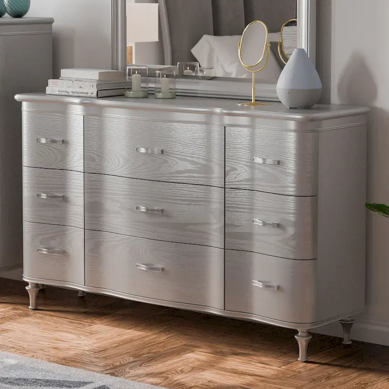 Seabliss Solid Wood 9-Drawer Double Dresser with Crystal Acrylic Handles
