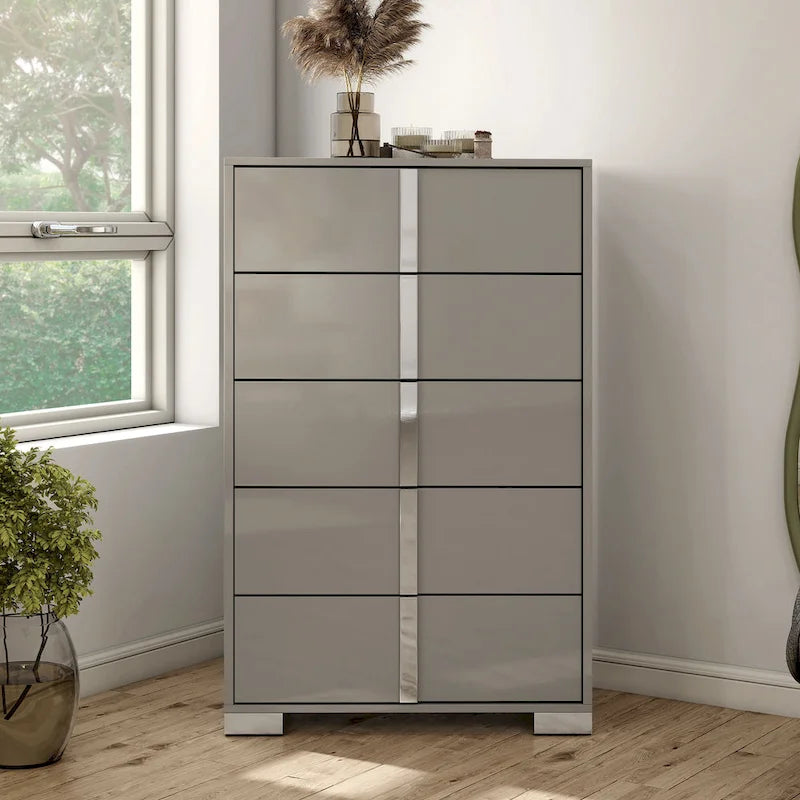 Erina Modern Glossy 5-Drawer Chest with Chrome Accents