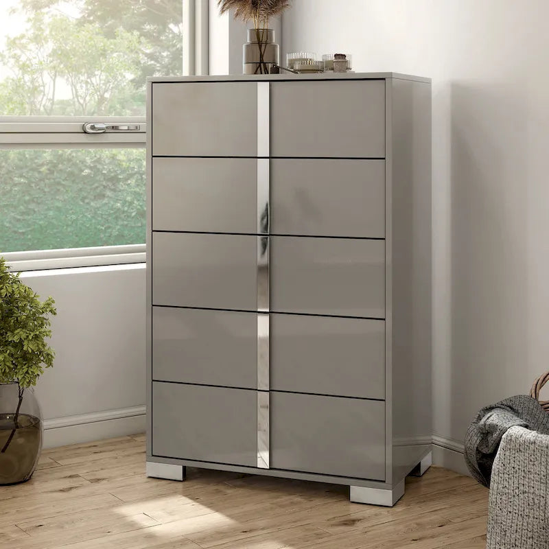 Erina Modern Glossy 5-Drawer Chest with Chrome Accents