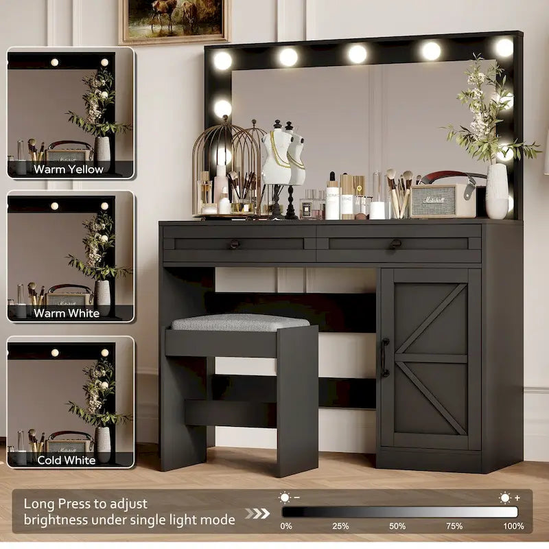 Roomfitters Farmhouse Makeup Vanity with Lights, Vanity Desk with Barn Door, 2 Drawers Makeup Table with Lighted Mirror