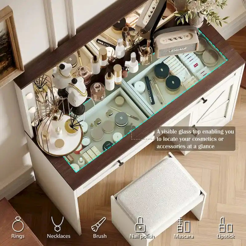 Roomfitters Farmhouse Makeup Vanity with Lights, Vanity Desk with Barn Door, 2 Drawers Makeup Table with Lighted Mirror